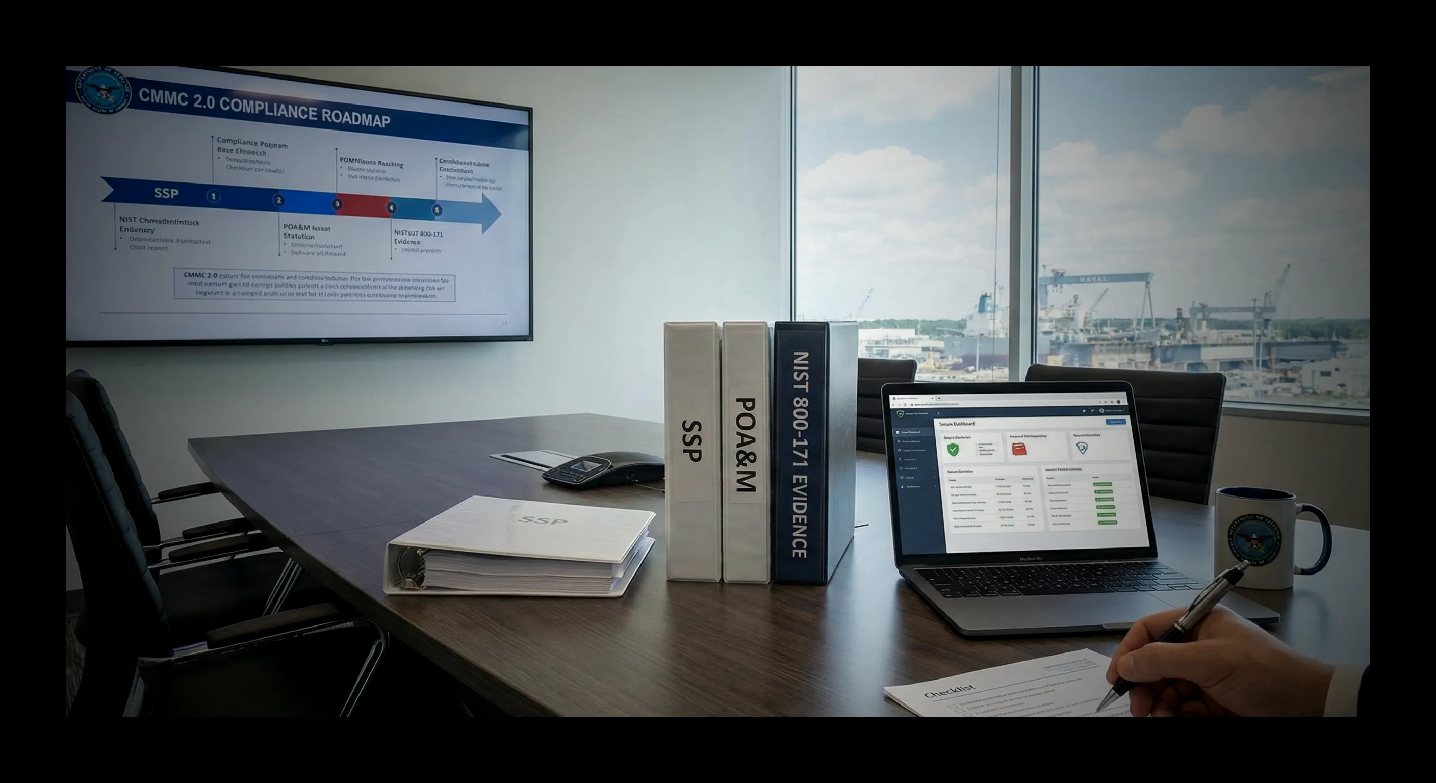 A digital shield overlaid on top of government contract paperwork