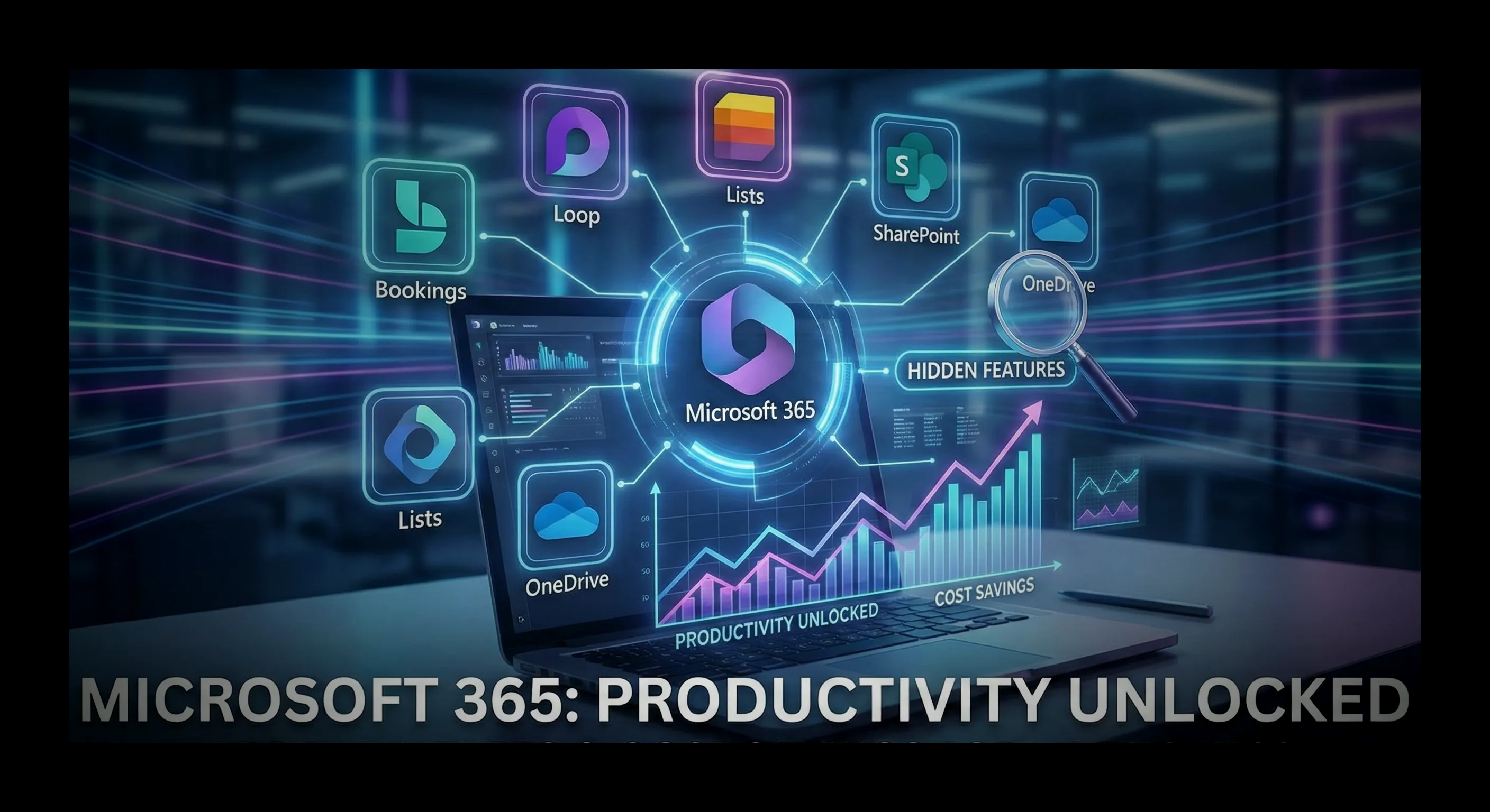 Abstract 3D visualization of Microsoft 365 app icons floating in sync