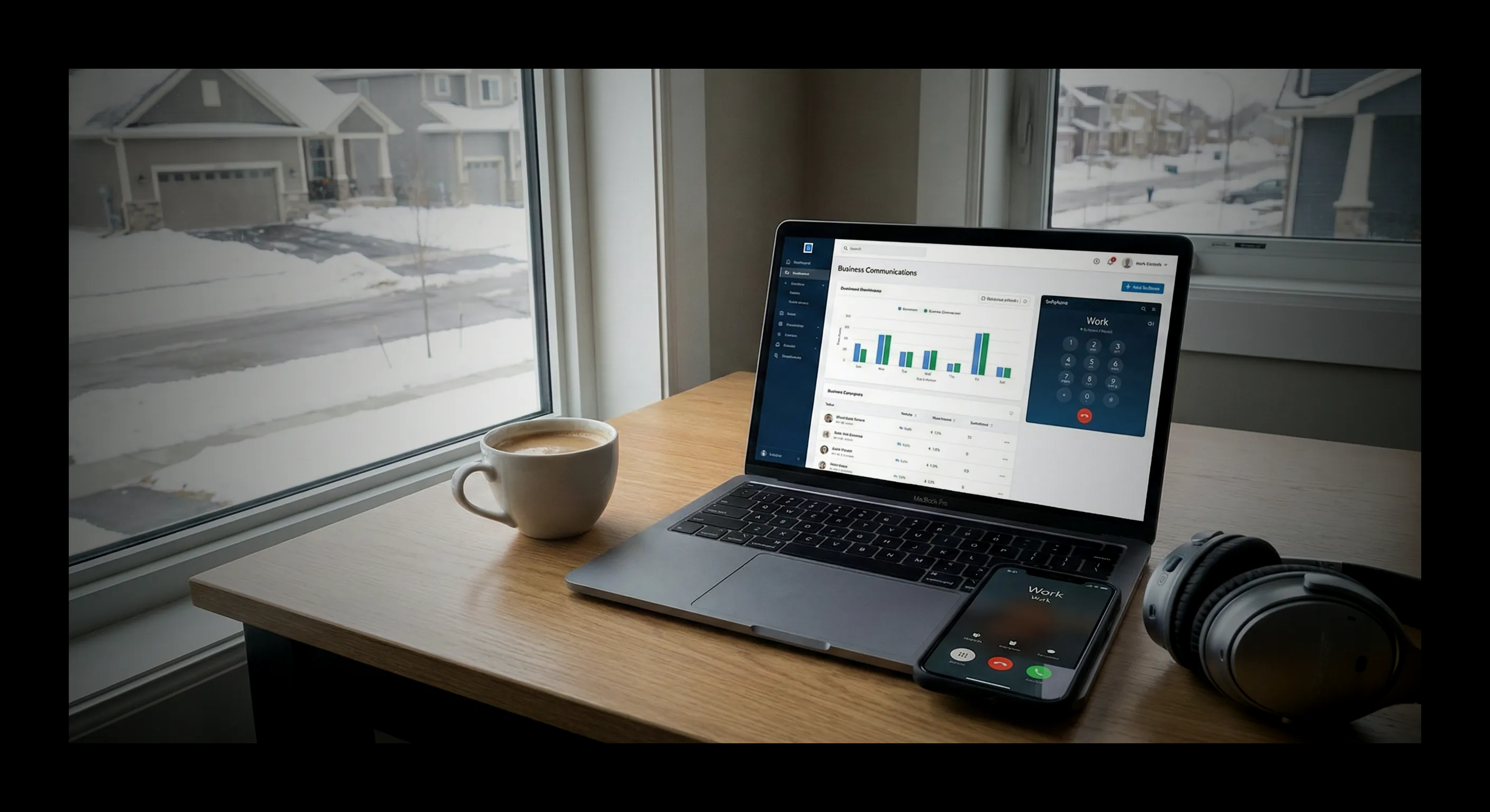 A smartphone displaying a business dashboard resting on a modern desk